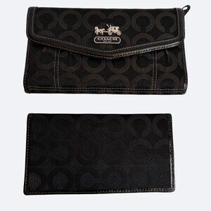 Coach Madison OP Art Sateen Checkbook Leather Wallet SV/BLACK Signature